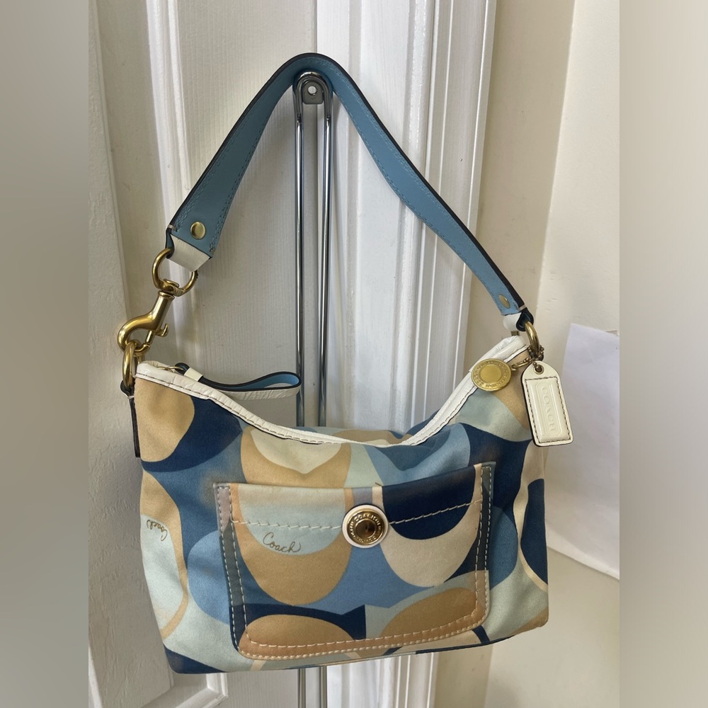 Coach Blue and Tan Curved Signature Shoulder Bag